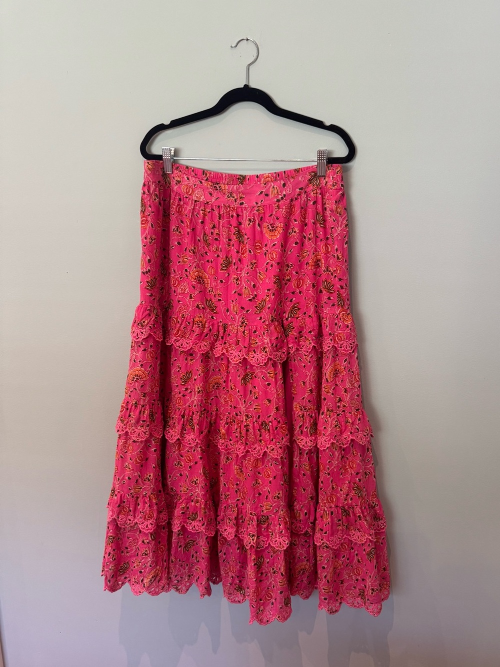 Caroline Constas Pink Floral Tiered Midi Skirt with Eyelet Ruffle Trim